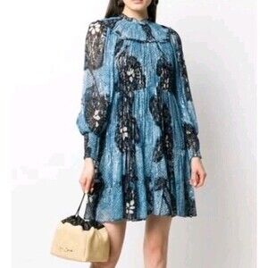 Ulla Johnson Emeline Shift Mini Dress Women's Size 4 Blue Shimmer Elastic Cuff
